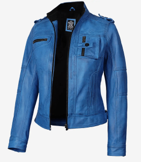 womens blue leather biker jacket